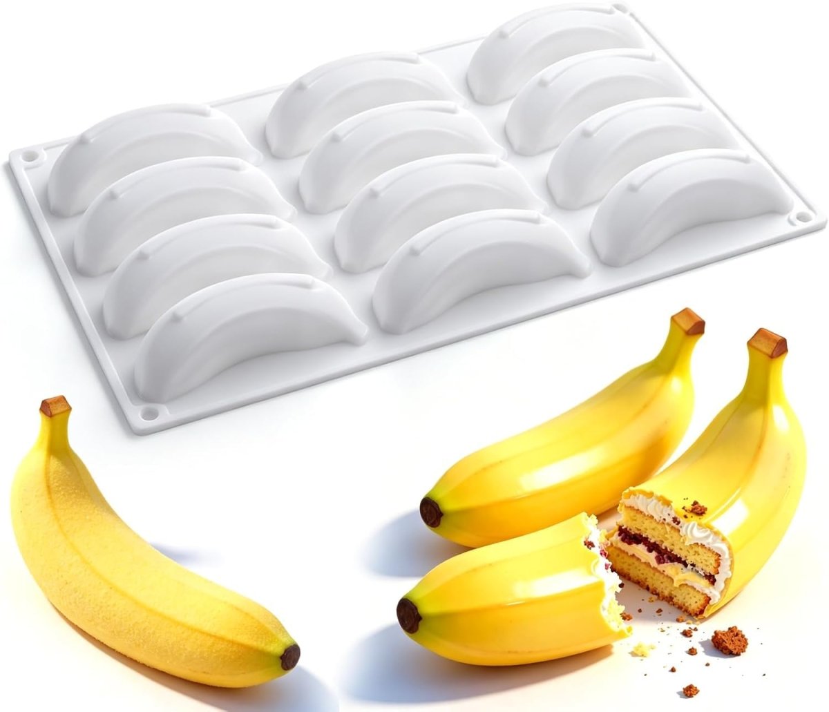Bakewareind 3D Banana Fruit Mousse Cake Silicone Mould, 12 cavity - Bakeware India
