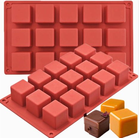 Bakewareind 3D Square Mousse Cube Cake Silicone Mould, 15 cavity - Bakeware India