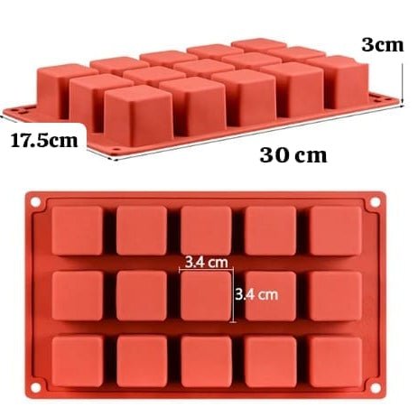 Bakewareind 3D Square Mousse Cube Cake Silicone Mould, 15 cavity - Bakeware India