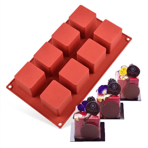 Bakewareind 3D Square Mousse Cube Cake Silicone Mould, 8 cavity - Bakeware India