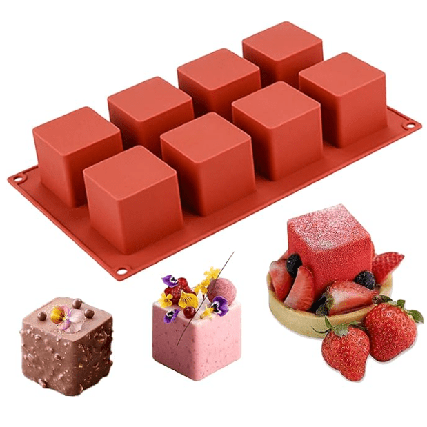 Bakewareind 3D Square Mousse Cube Cake Silicone Mould, 8 cavity - Bakeware India
