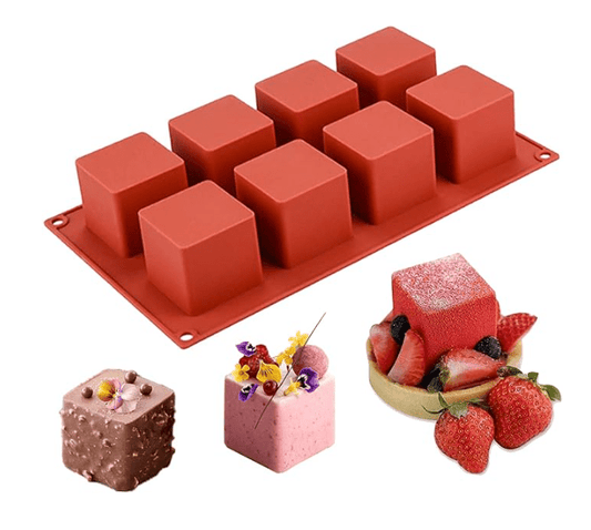 Bakewareind 3D Square Mousse Cube Cake Silicone Mould, 8 cavity - Bakeware India