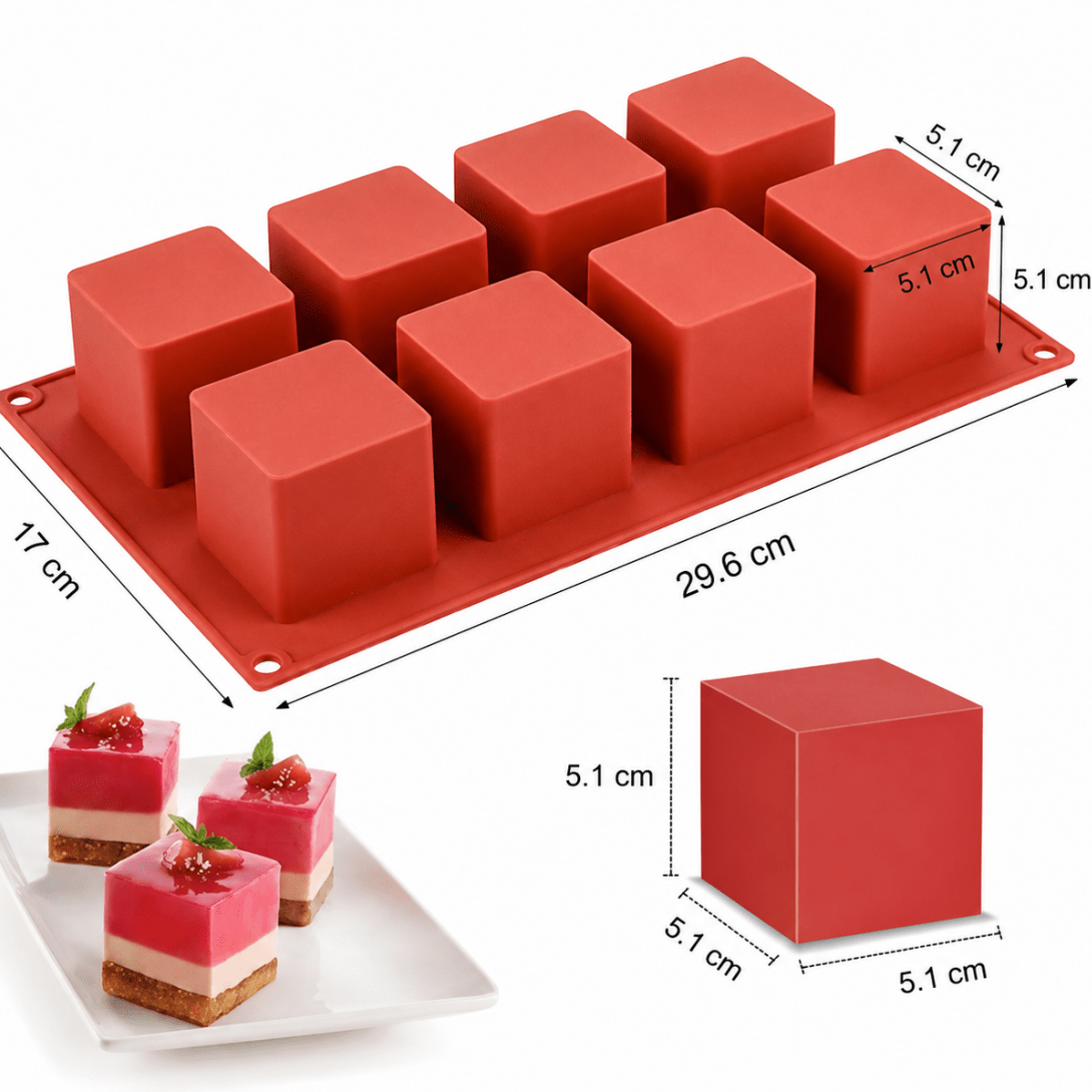 Bakewareind 3D Square Mousse Cube Cake Silicone Mould, 8 cavity - Bakeware India