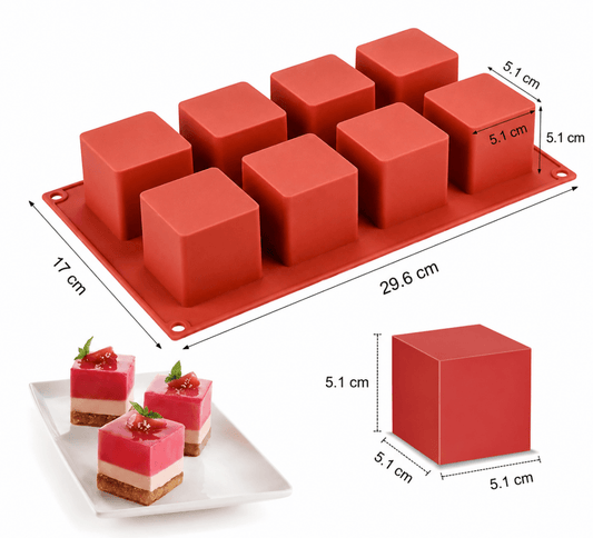 Bakewareind 3D Square Mousse Cube Cake Silicone Mould, 8 cavity - Bakeware India