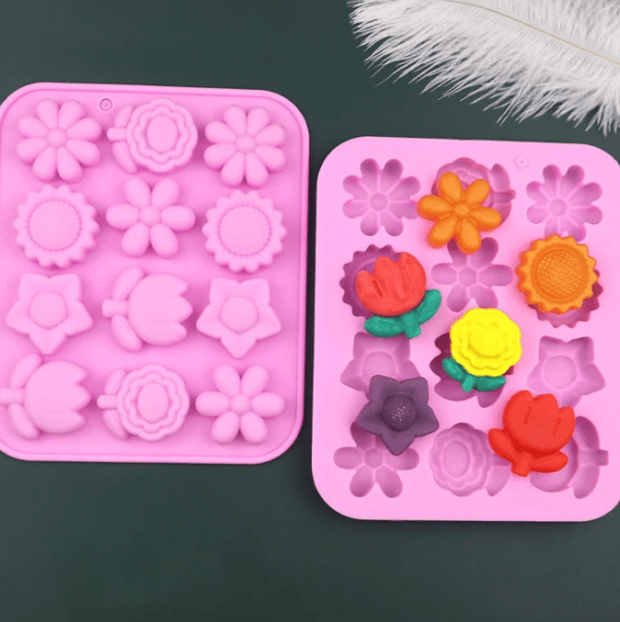 Bakewareind Assorted Daisy Sunflower Tulip Flower Silicone Fondant Chocolate Mould, 12 Cavity - Bakeware India