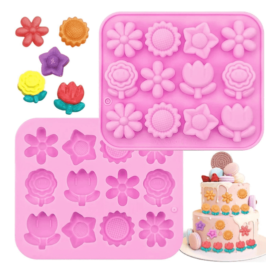 Bakewareind Assorted Daisy Sunflower Tulip Flower Silicone Fondant Chocolate Mould, 12 Cavity - Bakeware India