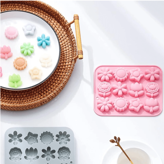 Bakewareind Assorted Daisy Sunflower Tulip Flower Silicone Fondant Chocolate Mould, 12 Cavity - Bakeware India