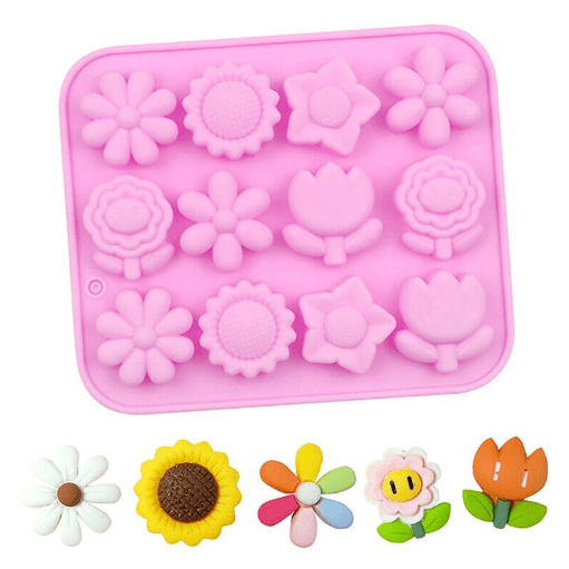 Bakewareind Assorted Daisy Sunflower Tulip Flower Silicone Fondant Chocolate Mould, 12 Cavity - Bakeware India
