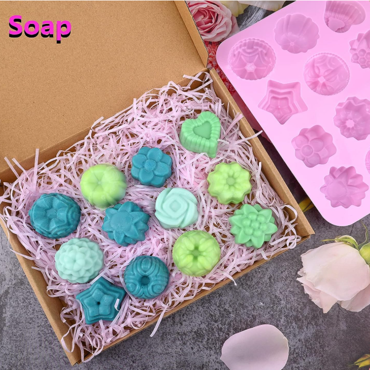 Bakewareind Assorted Floral & Geometric Chocolate Soap Silicone Mould, 12 Cavity - Bakeware India