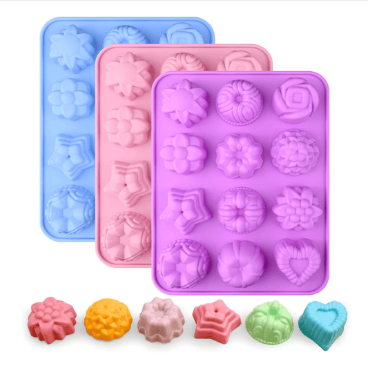 Bakewareind Assorted Floral & Geometric Chocolate Soap Silicone Mould, 12 Cavity - Bakeware India