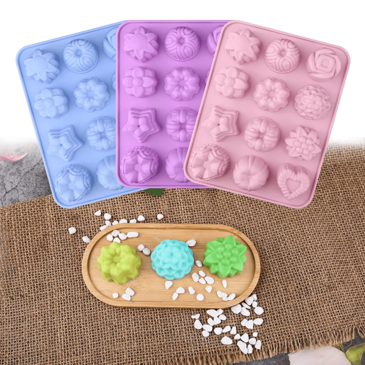 Bakewareind Assorted Floral & Geometric Chocolate Soap Silicone Mould, 12 Cavity - Bakeware India