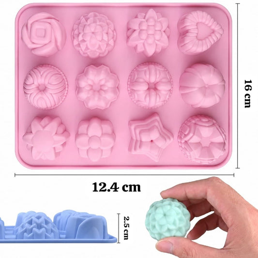 Bakewareind Assorted Floral & Geometric Chocolate Soap Silicone Mould, 12 Cavity - Bakeware India