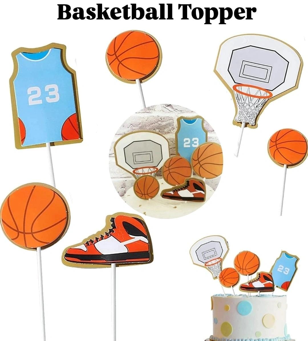 Bakewareind Basketball Theme Cake Decoration Cake Topper, 6pcs - Bakeware India