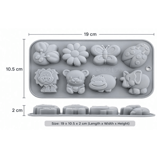 Bakewareind Butterfly Flower Animal Lion Bear Hippo Elephant Bee Insect Chocolate Soap Clay Cake Silicone Mould, 8 cavity - Bakeware India