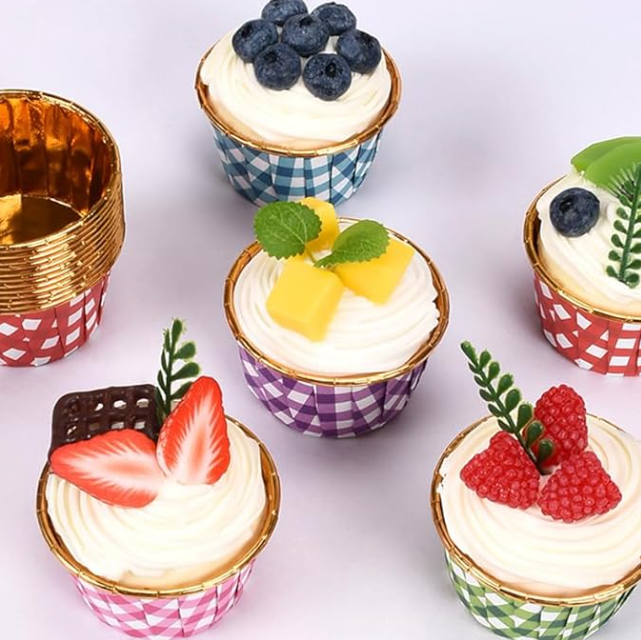 Bakewareind Check Print Metallic Muffin cupcake bake liner,50pc - Bakeware India