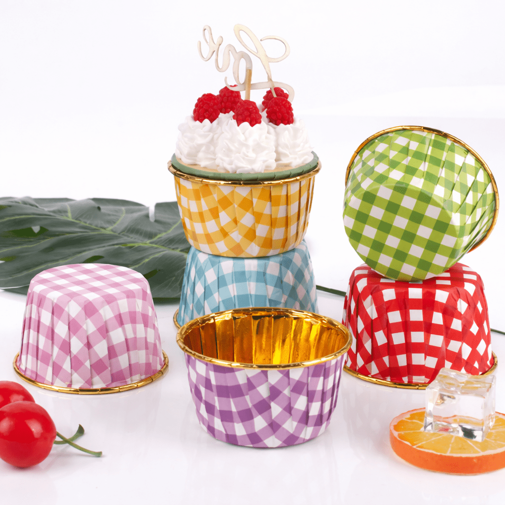 Bakewareind Check Print Metallic Muffin cupcake bake liner,50pc - Bakeware India