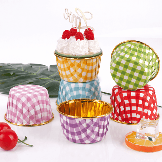 Bakewareind Check Print Metallic Muffin cupcake bake liner,50pc - Bakeware India