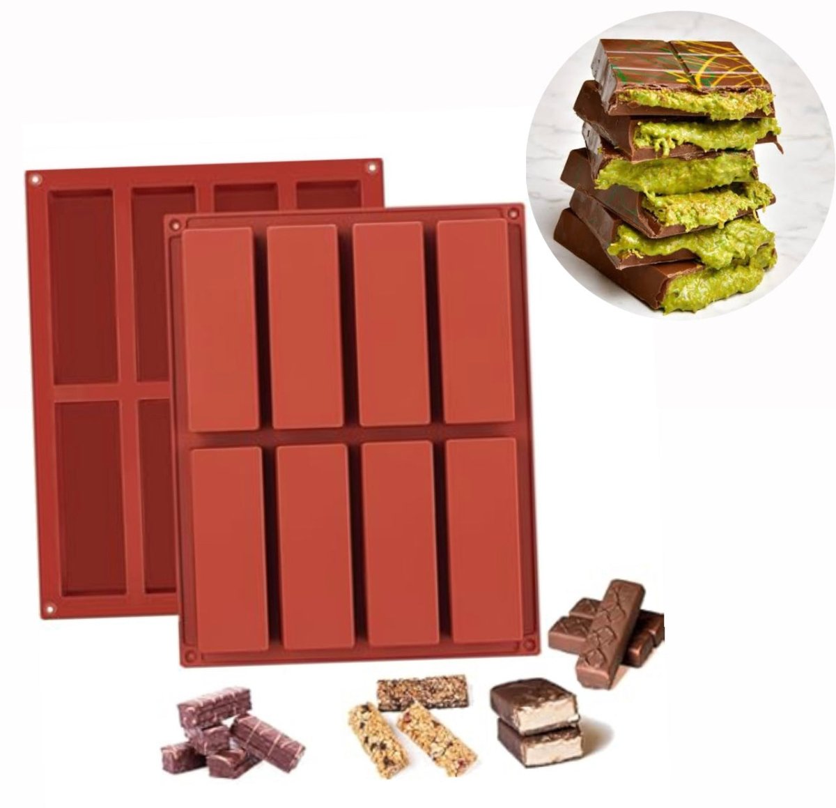 Bakewareind Deep Bar Rectangle Silicone Candy Moulds Chocolate Granola Bar Mould, 8 Cavity - Bakeware India