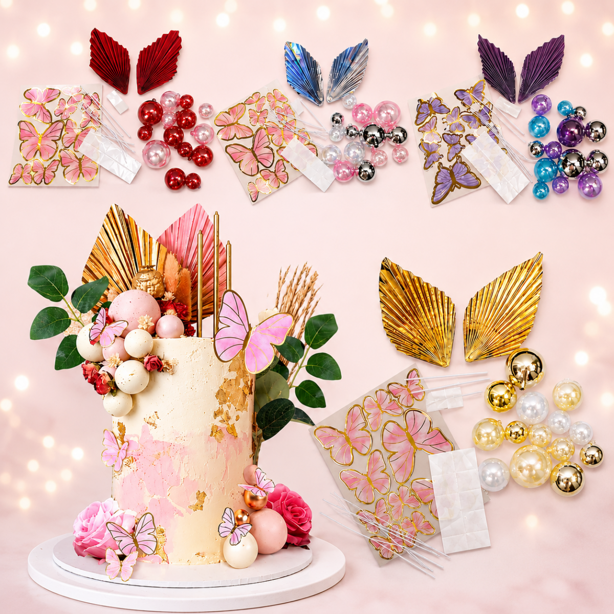 Bakewareind Faux ball topper, Butterfly Topper, Palm Leaf Combo Pack of Cake Decoration (Select colors) - Bakeware India
