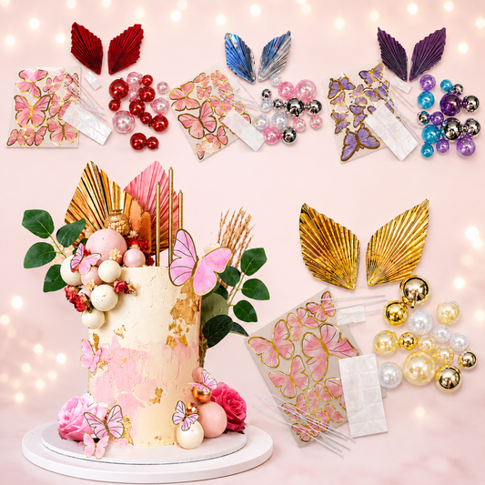 Bakewareind Faux ball topper, Butterfly Topper, Palm Leaf Combo Pack of Cake Decoration (Select colors) - Bakeware India