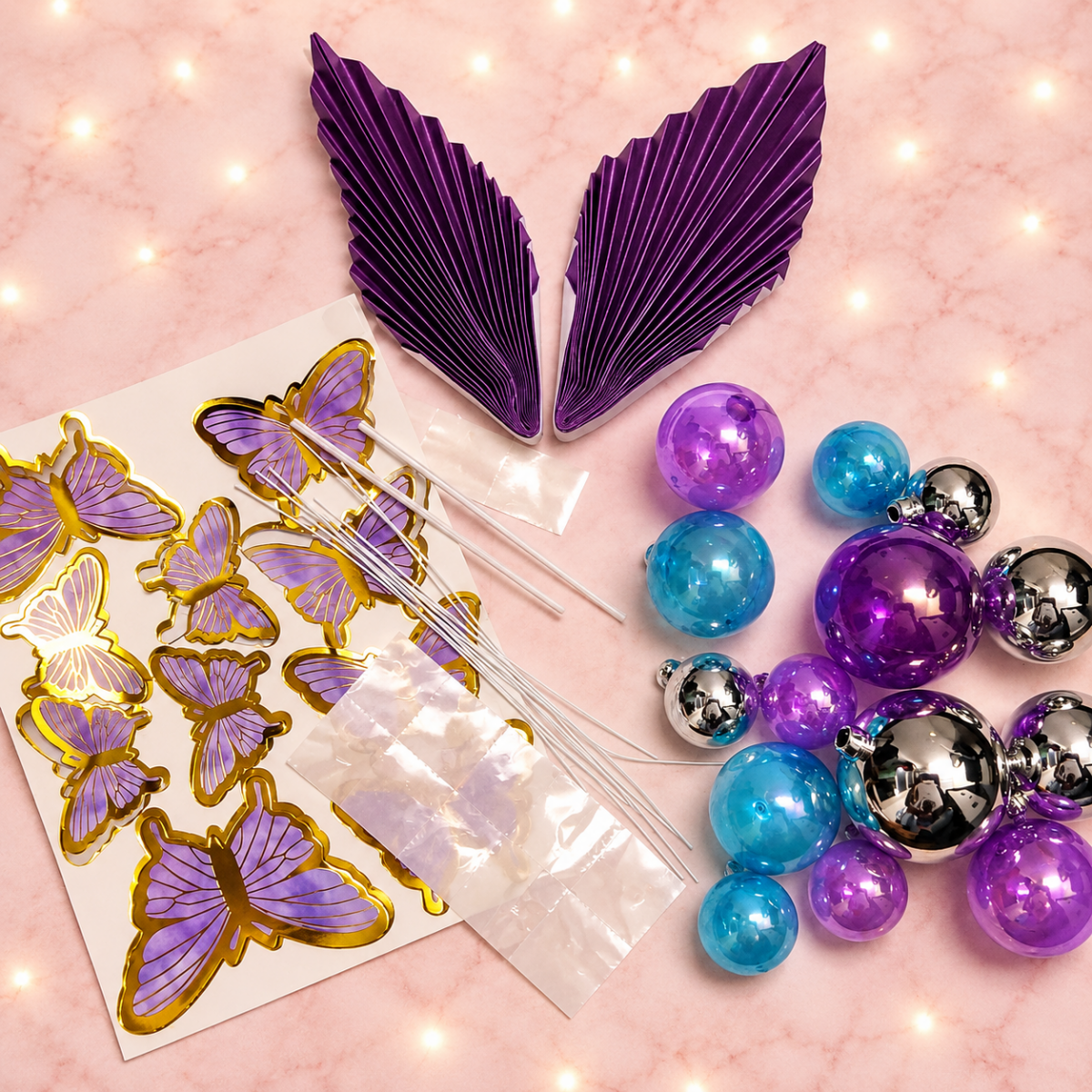Bakewareind Faux ball topper, Butterfly Topper, Palm Leaf Combo Pack of Cake Decoration (Select colors) - Bakeware India
