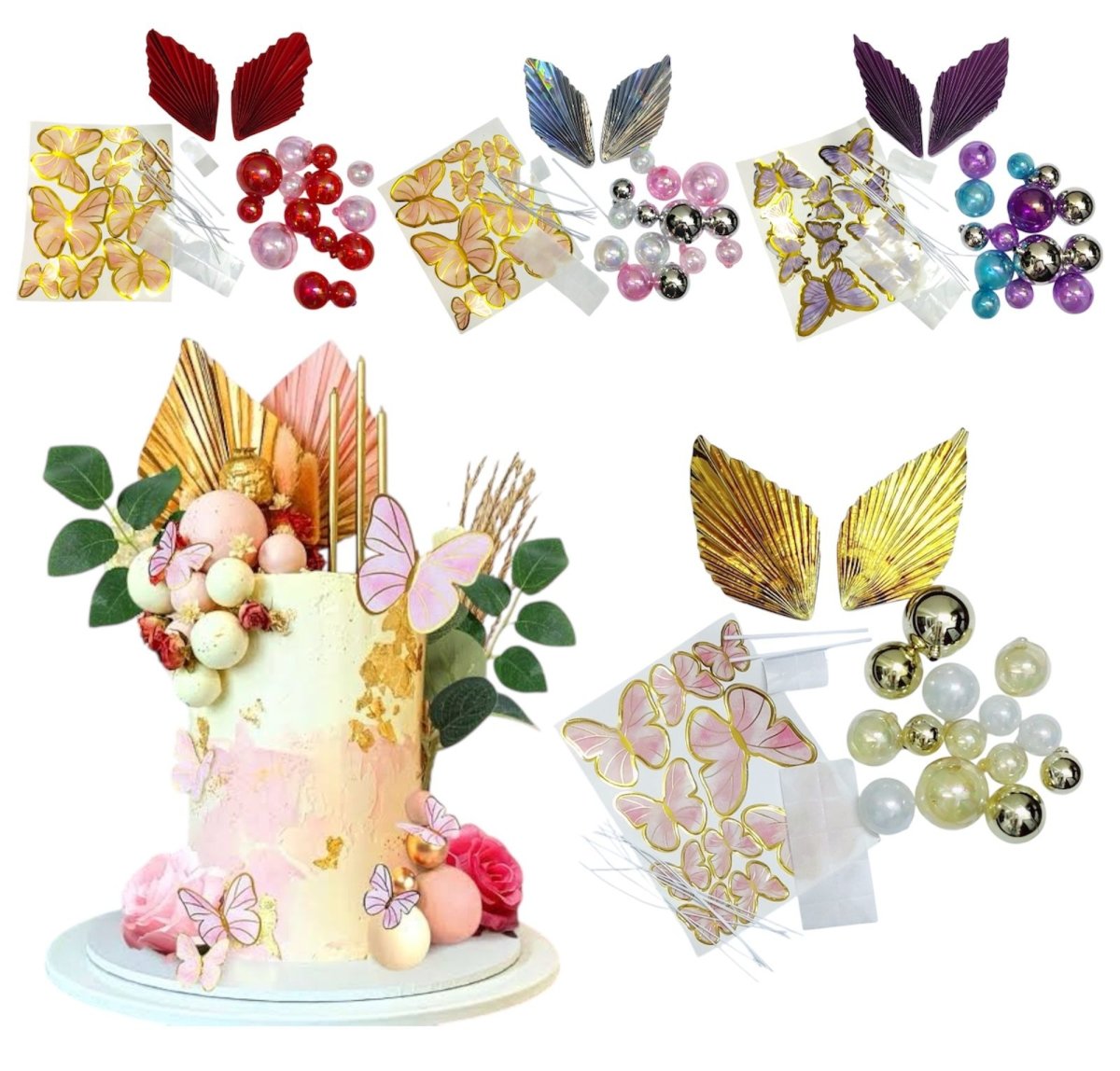 Bakewareind Faux ball topper , Butterfly Topper , Palm Leaf Pack of Cake Decoration (Select colors) - Bakeware India