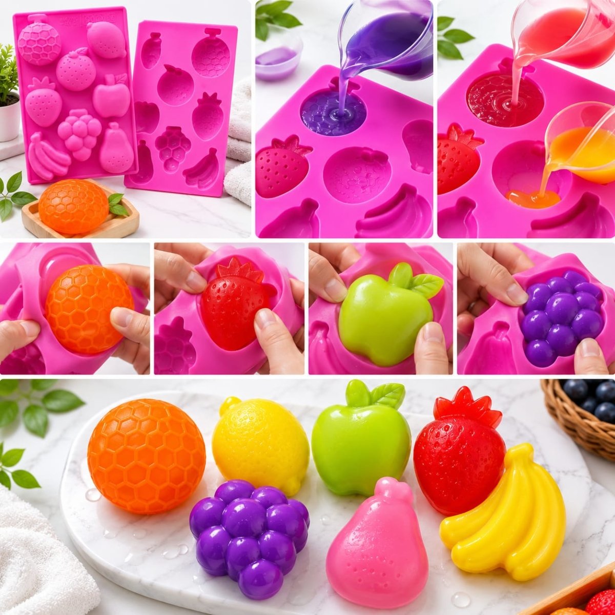 Bakewareind Fruits Strawberry, Banana, Apple, Lemon Soap Shape Resin Soap Silicone Mould, 8 Cavity - Bakeware India