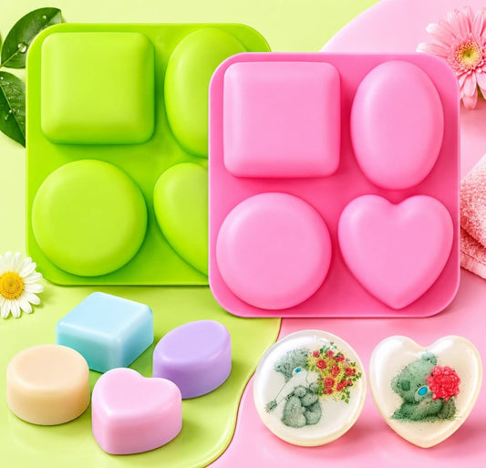 Bakewareind Geometric Heart, Oval, Round & Square Shape Silicone Resin Soap Mould, 4 Cavity - Bakeware India