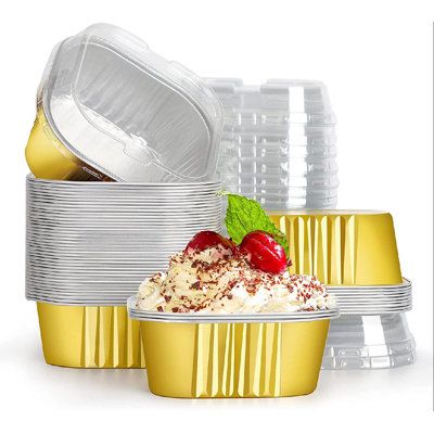 Bakewareind Gold Square Baking Mousse Cake Cups Foil Containers with Lid ,25 BOXES - Bakeware India