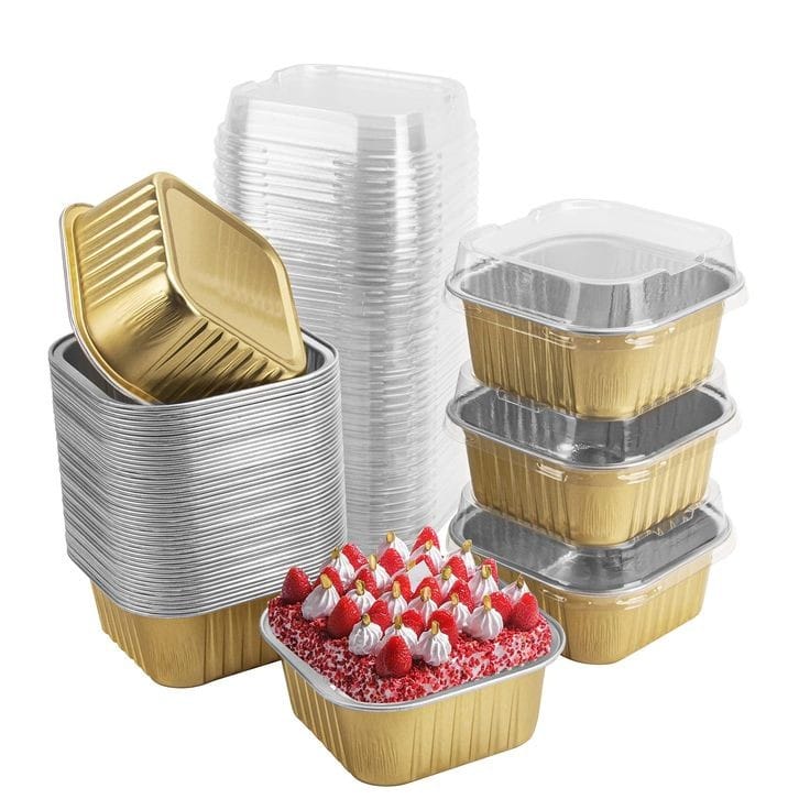 Bakewareind Gold Square Baking Mousse Cake Cups Foil Containers with Lid ,25 BOXES - Bakeware India