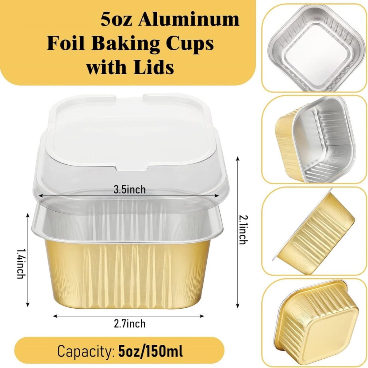 Bakewareind Gold Square Baking Mousse Cake Cups Foil Containers with Lid ,25 BOXES - Bakeware India