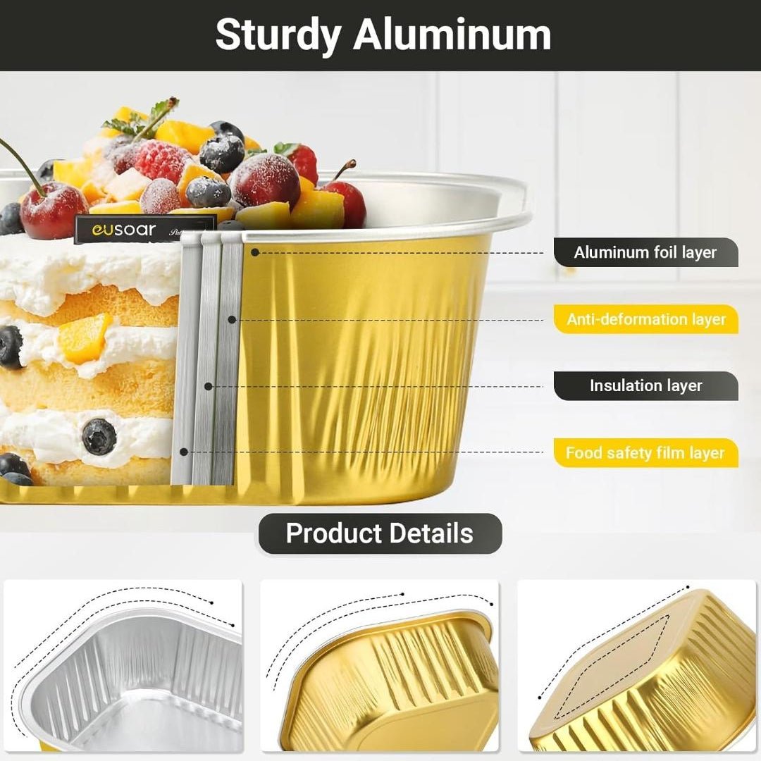 Bakewareind Gold Square Baking Mousse Cake Cups Foil Containers with Lid ,25 BOXES - Bakeware India