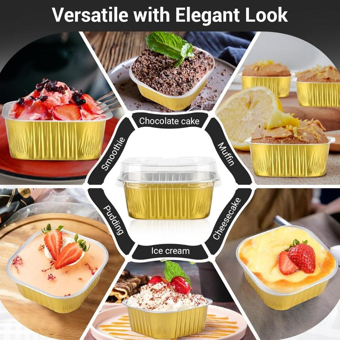 Bakewareind Gold Square Baking Mousse Cake Cups Foil Containers with Lid ,25 BOXES - Bakeware India