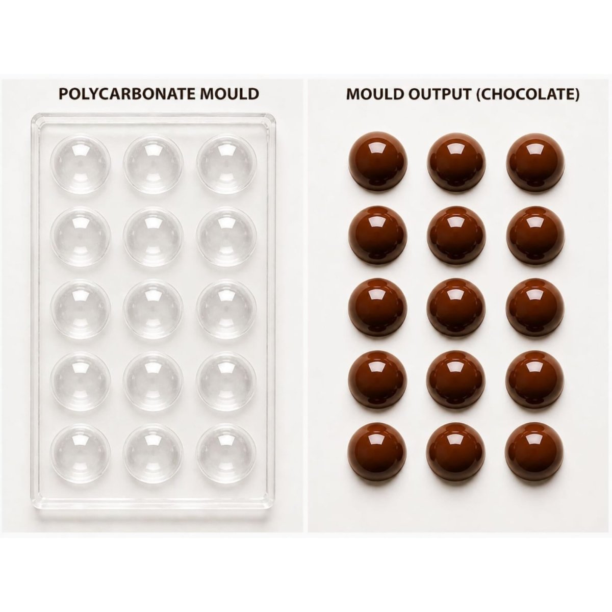 Bakewareind Half Sphere Polycarbonate Chocolate Mould, 15 Cavity - Bakeware India