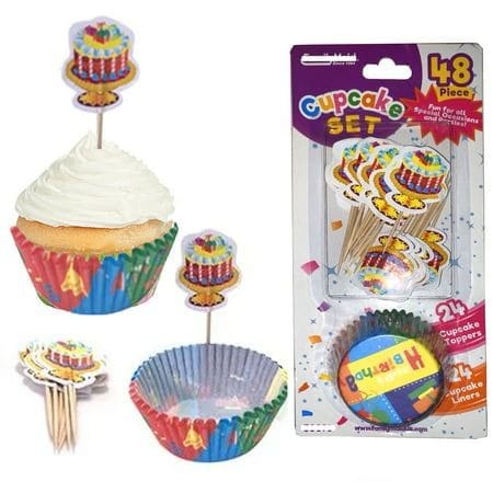 Bakewareind Happy Birthday Cupcake Liners Toppers , 30 CUPS 24 STICKS - Bakeware India