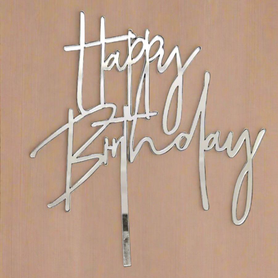 Bakewareind Happy Birthday Cursive Cake topper,Silver - Bakeware India