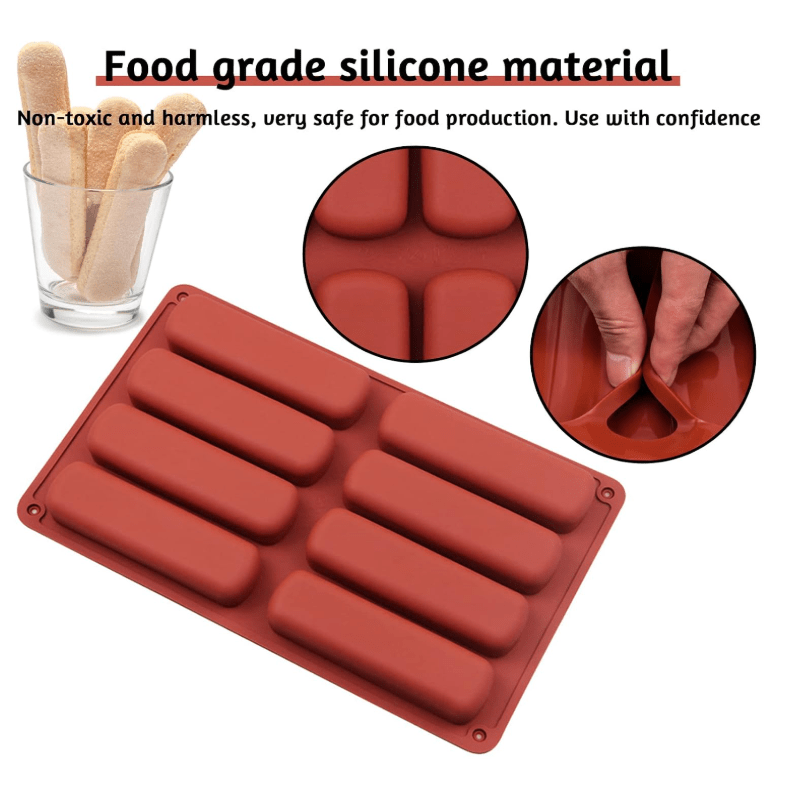Bakewareind Long Strip Eclair Biscuit Chocolate Silicone Mould, 8 Cavity - Bakeware India