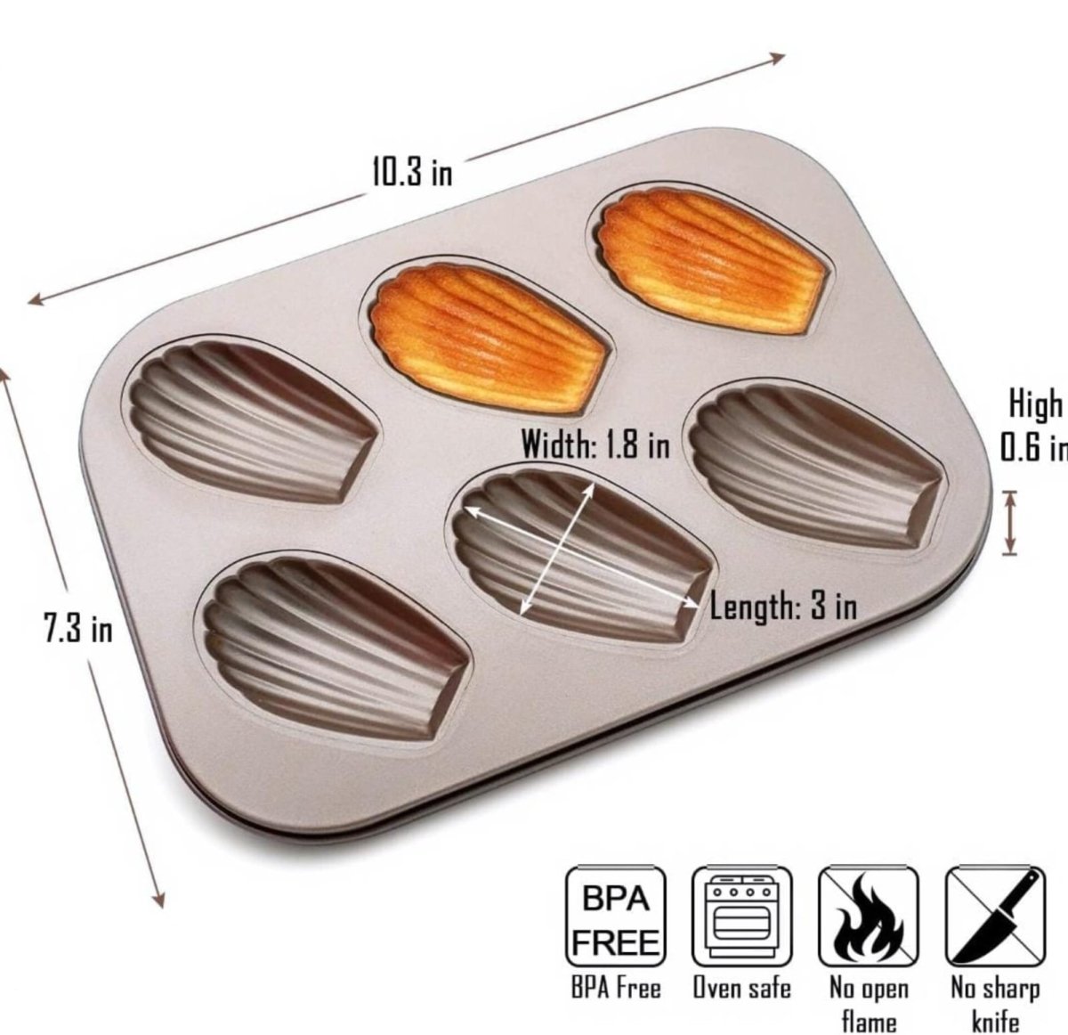 Bakewareind Madeline Baking Cake Pan Nonstick, 6 Cavity - Bakeware India