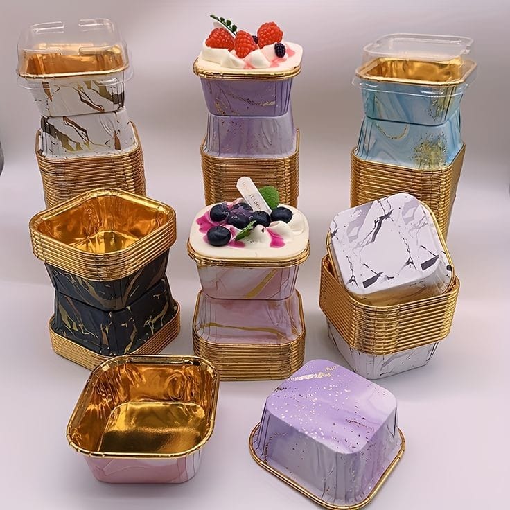 Bakewareind Marble Square Foil Cupcake Liners with Lids,50pc - Bakeware India