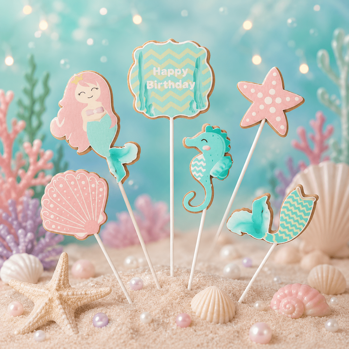 Bakewareind Mermaid Tail Starfish Seahorse Underwater Cake Decoration Cake Topper, 6pcs set - Bakeware India