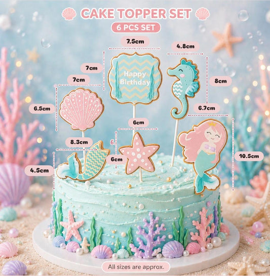 Bakewareind Mermaid Tail Starfish Seahorse Underwater Cake Decoration Cake Topper, 6pcs set - Bakeware India