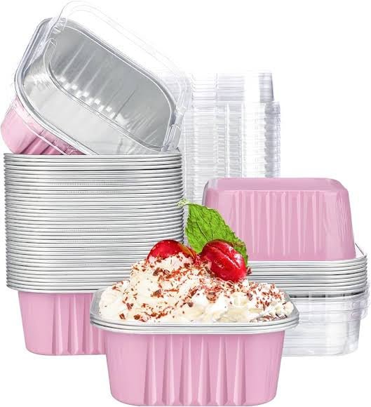 Bakewareind Pink Square Baking Mousse Cake Cups Aluminum Foil with Lid Disposable Reusable,25 BOXES - Bakeware India