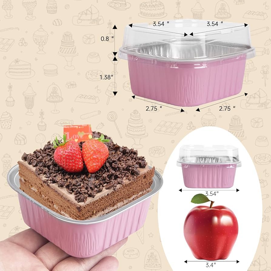 Bakewareind Pink Square Baking Mousse Cake Cups Aluminum Foil with Lid Disposable Reusable,25 BOXES - Bakeware India