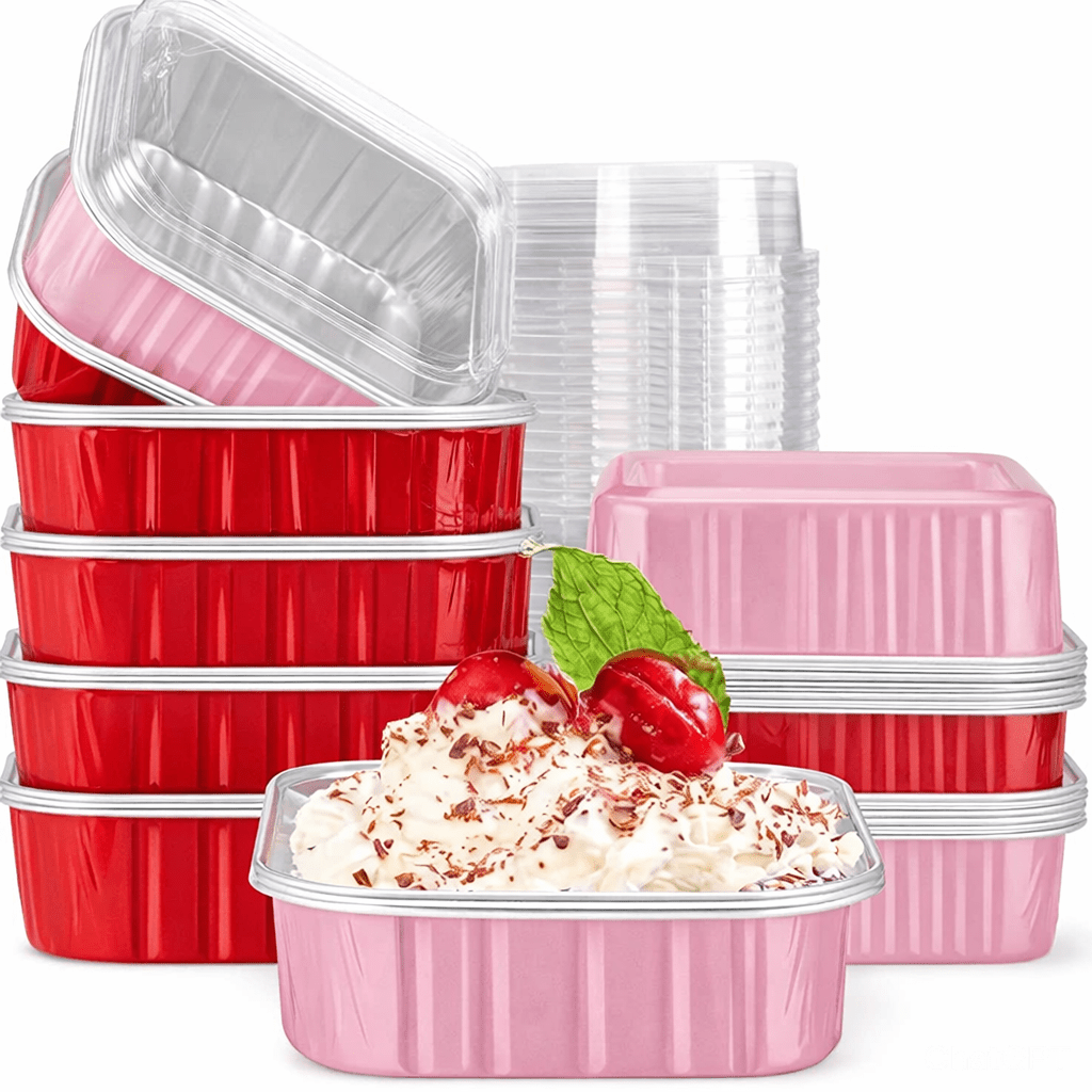 Bakewareind Pink Square Baking Mousse Cake Cups Aluminum Foil with Lid Disposable Reusable,25 BOXES - Bakeware India