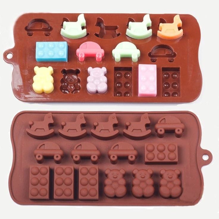 Bakewareind Rocking House, Teddy, Car & Blocks Silicone Chocolate Mould, 15 Cavity - Bakeware India