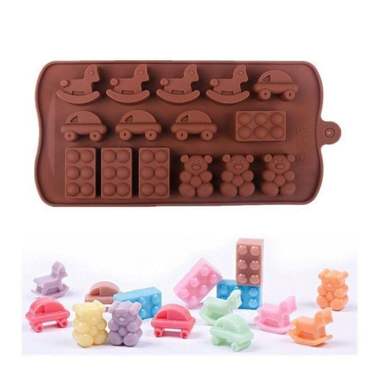 Bakewareind Rocking House, Teddy, Car & Blocks Silicone Chocolate Mould, 15 Cavity - Bakeware India