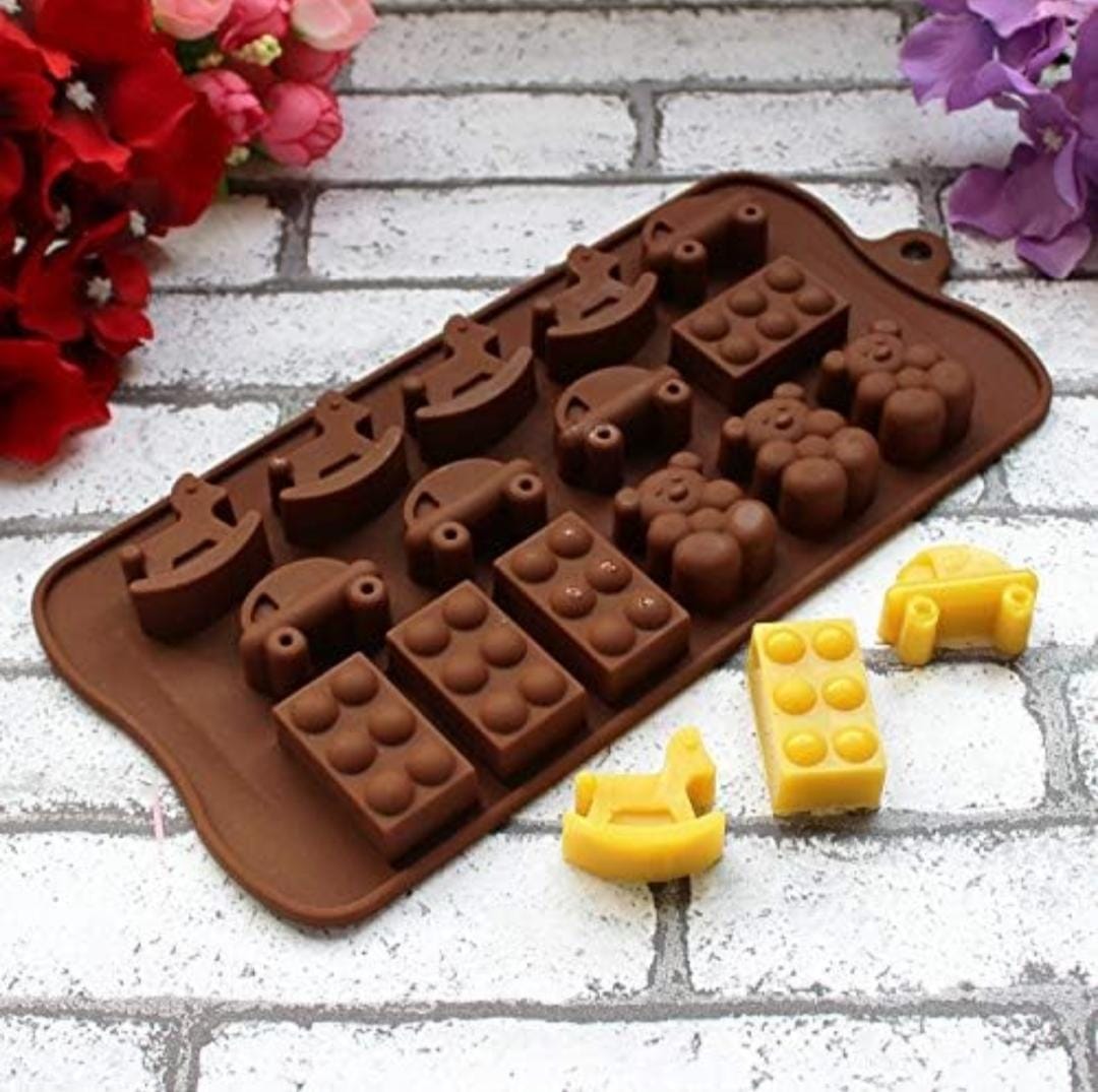 Bakewareind Rocking House, Teddy, Car & Blocks Silicone Chocolate Mould, 15 Cavity - Bakeware India