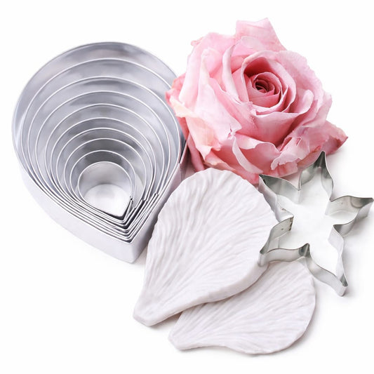 Bakewareind Rose Double Sided Leaf Veiner Silicone Mould And Steel Cutter, 10pc - Bakeware India