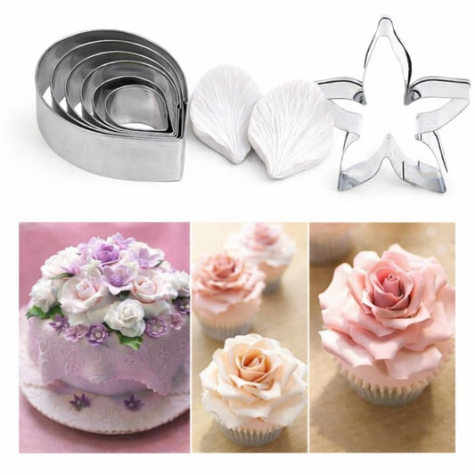 Bakewareind Rose Double Sided Leaf Veiner Silicone Mould And Steel Cutter, 10pc - Bakeware India