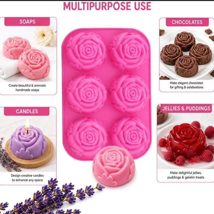 Bakewareind Rose Flower Chocolate Soap Silicone Mould, 6 Cavity - Bakeware India